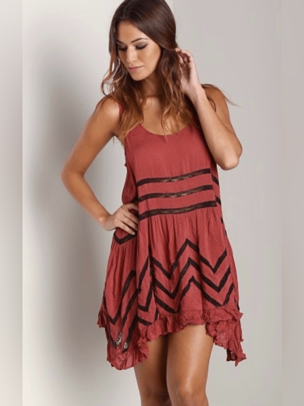 Free People Rust Asymmetrical Chevron Dot Tank Dress